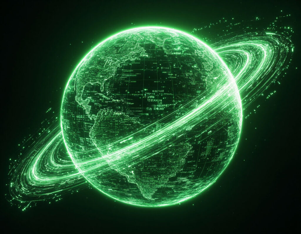 The green hologram of the planet with digital data streams is a symbol of Komal Rajput Agency's global SEO and digital marketing reach