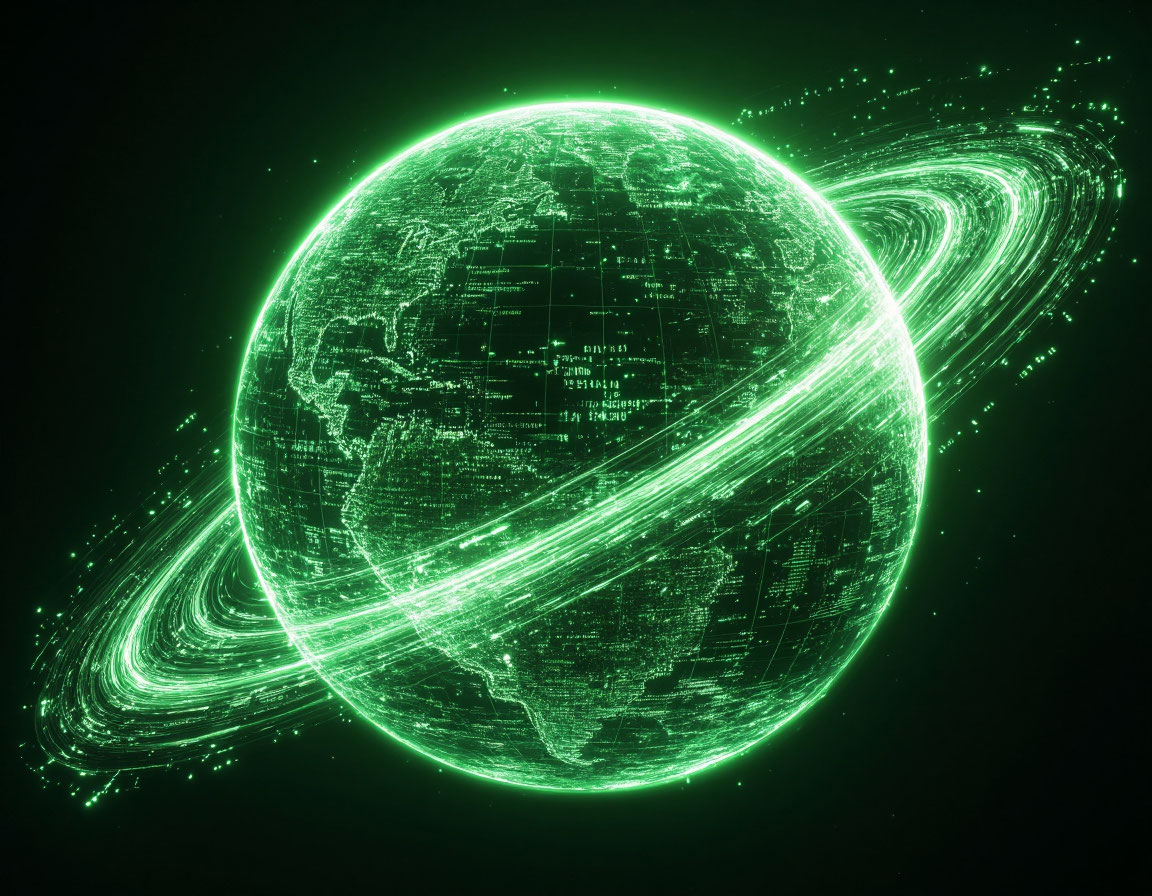 The green hologram of the planet with digital data streams is a symbol of Komal Rajput Agency's global SEO and digital marketing reach